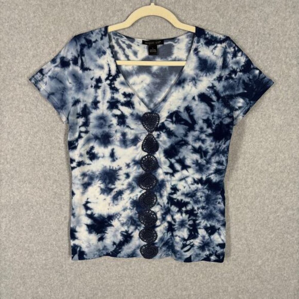 August Silk Shirt Womens Large Tie Dye Crochet Knit Short Sleeve V Neck Boho